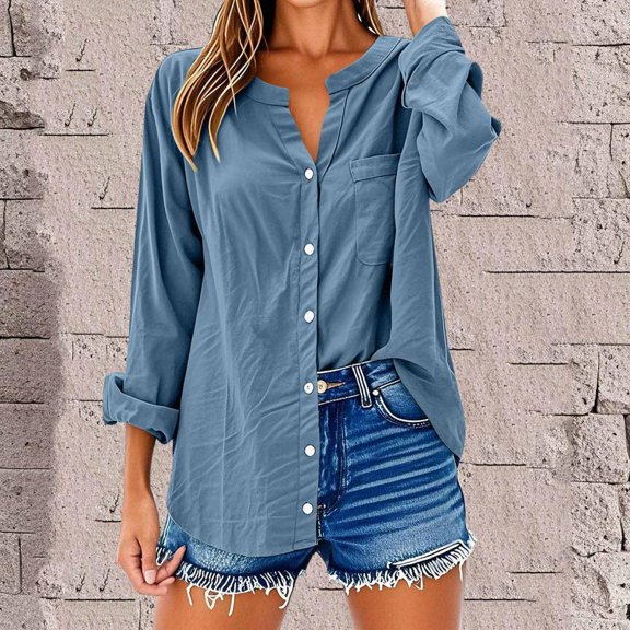 Bxsruta Summer Tops for WomenWomen's V-Neck Long Sleeve Loose Button And Linen Tunic Summer Blouse With Pocket