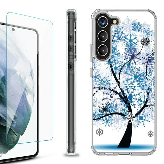 OneToughShield ® for Samsung Galaxy S23  S23 Plus 5G Shockproof Bumper Phone Case, with Tempered Glass Screen Protector - Snowflakes Tree