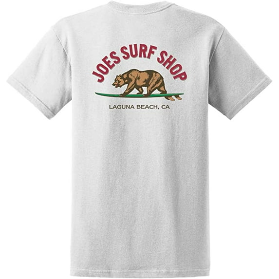 JOES SURF SHOP Men's Surfing Bear Logo Heavyweight Pocket T-Shirt-5XL-White Shirt with Surfing Bear Logo