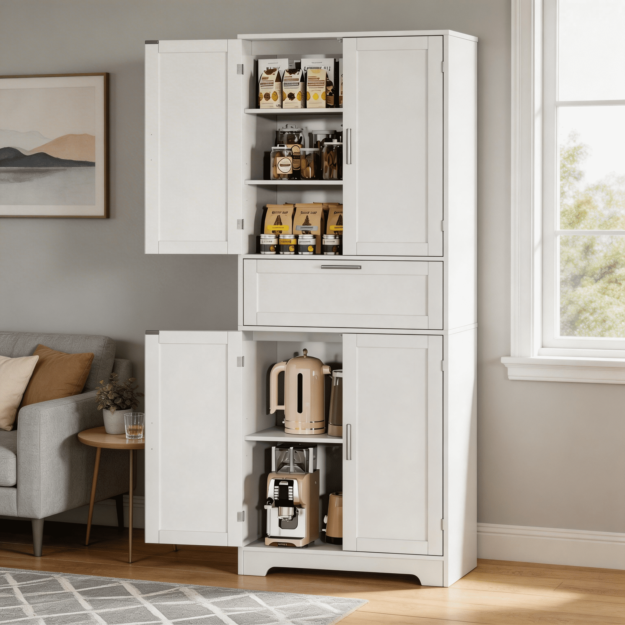 TEENFON Tall Kitchen Pantry Storage Cabinet, Freestanding Cupboard with 1 Large Drawer, for Dining Room, Living Room, Laundry, White