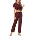 thumbnail image 4 of INSPIRE CHIC Womens Pajamas Set Short Sleeve V Neck Pullover Top with Pants Soft Knit Sleepwear Lounge Set S Red, 4 of 6