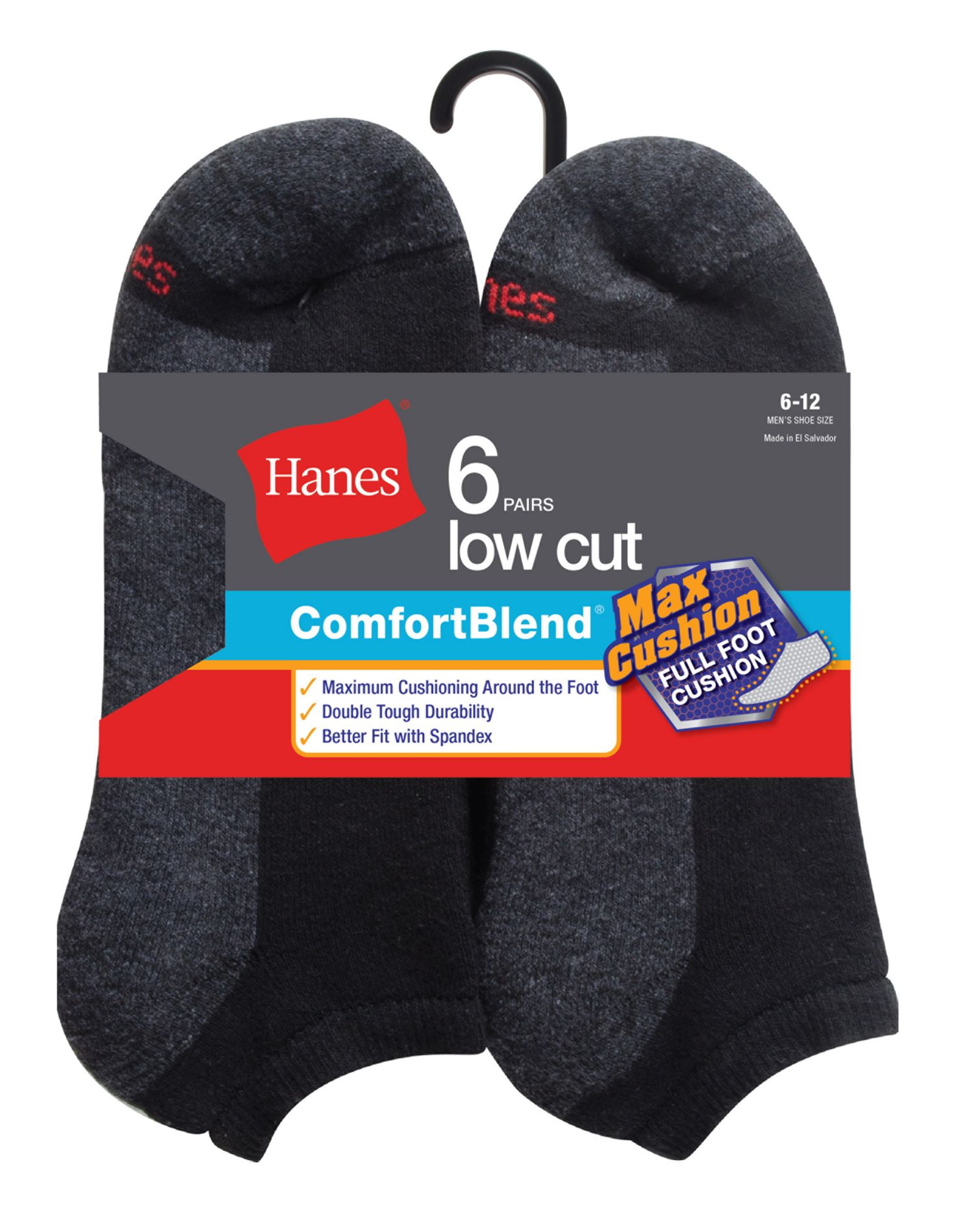 Hanes ComfortBlend Men`s 6Pack Max Cushion Low Cut Sock, 612, Black