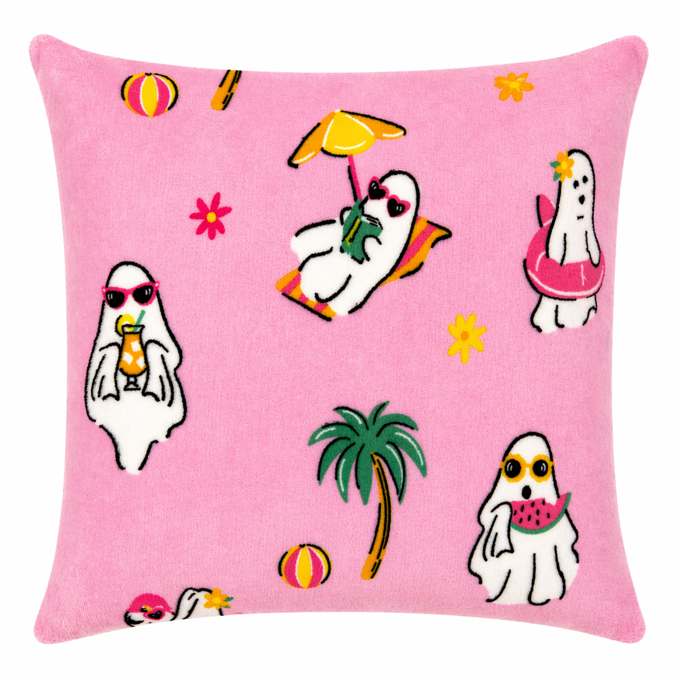 Summerween 18"x18" Plush Decorative Pillow, Vacation Ghosts