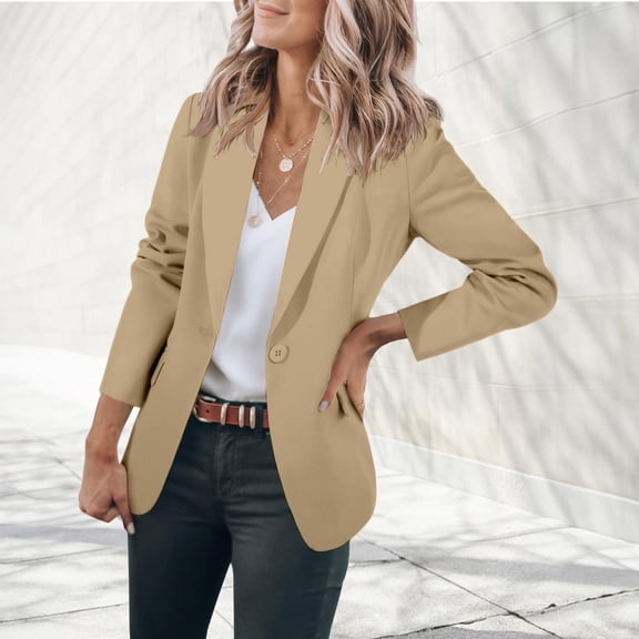 ClodeEU Women's Open Front Lapel Long Sleeve Blazer Jacket,Casual Solid Color Slim Fit Coat for Office Beige,Women's Plus L