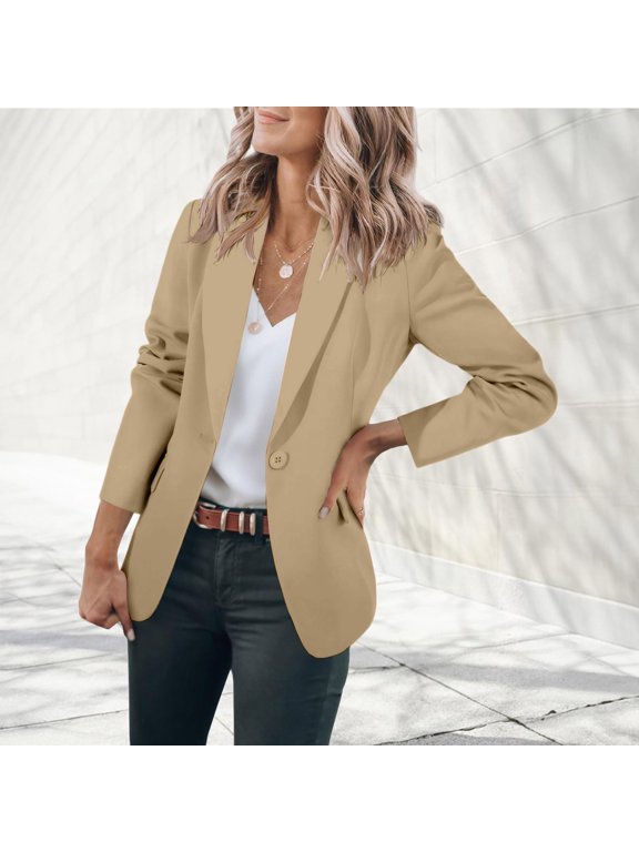 Business Casual Blazer For Women, Solid Color Long Sleeve Lapel Suit Jacket, Professional Work Office Coat With Pockets, Elegant Womens Tops Beige L