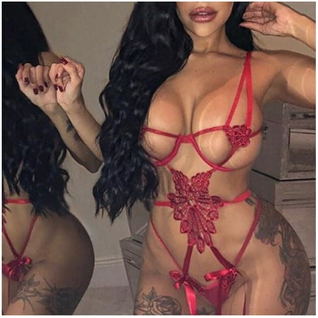 

Uorcsa Tights Bodysuit Sling V Neck Lace Underwear Hollow Erotic Women Temptation Lingerie Sets Red