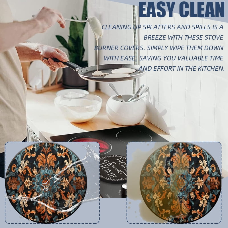 Round Electric Stove/Range Burner Cover, Boho Vintage Chic Flowers Print Durable Gas Stove Burner Covers Conceals Messy Drip Pans Set of 4 for Kitchen, 8 Inches and 10 Inches