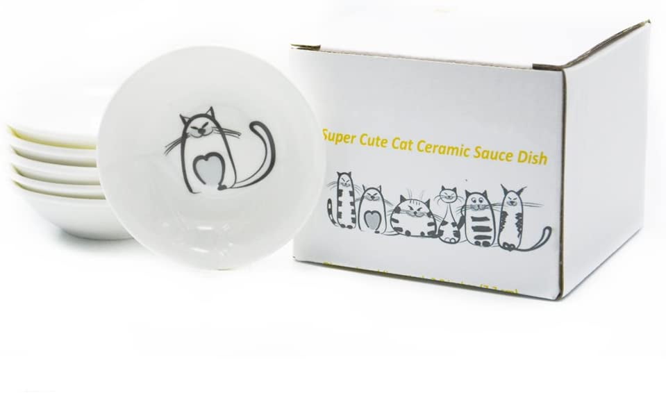 Piatto di salsa in ceramica per gatti super carino,Piatti per condimenti,Sushi Soy Set di 6 Cuore Meow Porcelain Set di piccoli dischi 