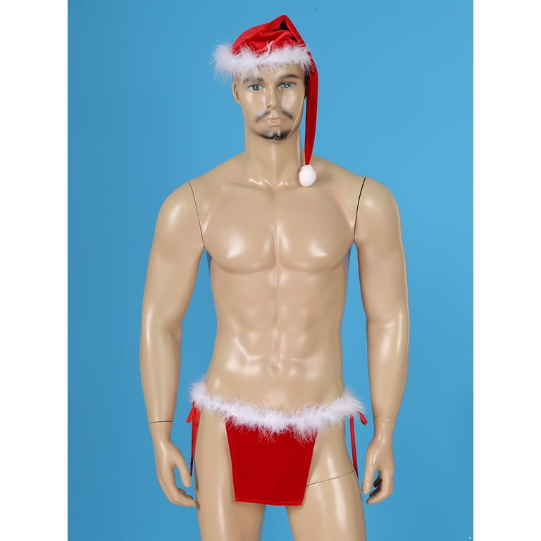 iiniim Men Santa Claus Christmas Velvet Underwear Sexy Pouch Skirted Thong  G-String with Hat 