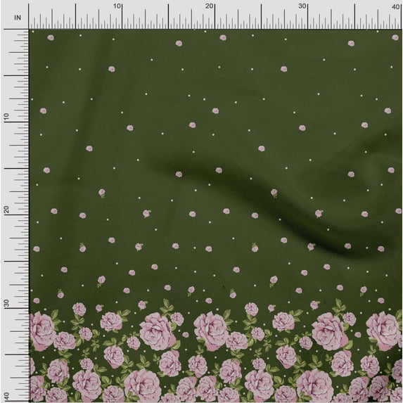 Soimoi Green Cotton Duck Fabric Leaves & Rose Panel Decor Fabric Printed BTY 42 Inch Wide