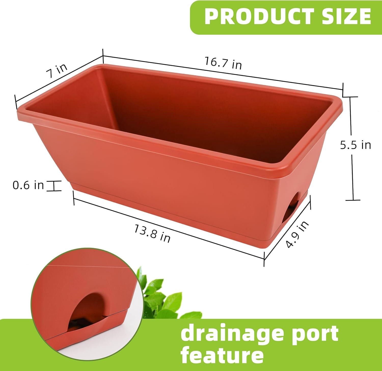 Window Box Planter, Plastic Vegetable Flower Planters Boxes 17 Inches Rectangular Pots with Saucers for Indoor Outdoor Garden, Patio, Home Decor (7, Brick Red)