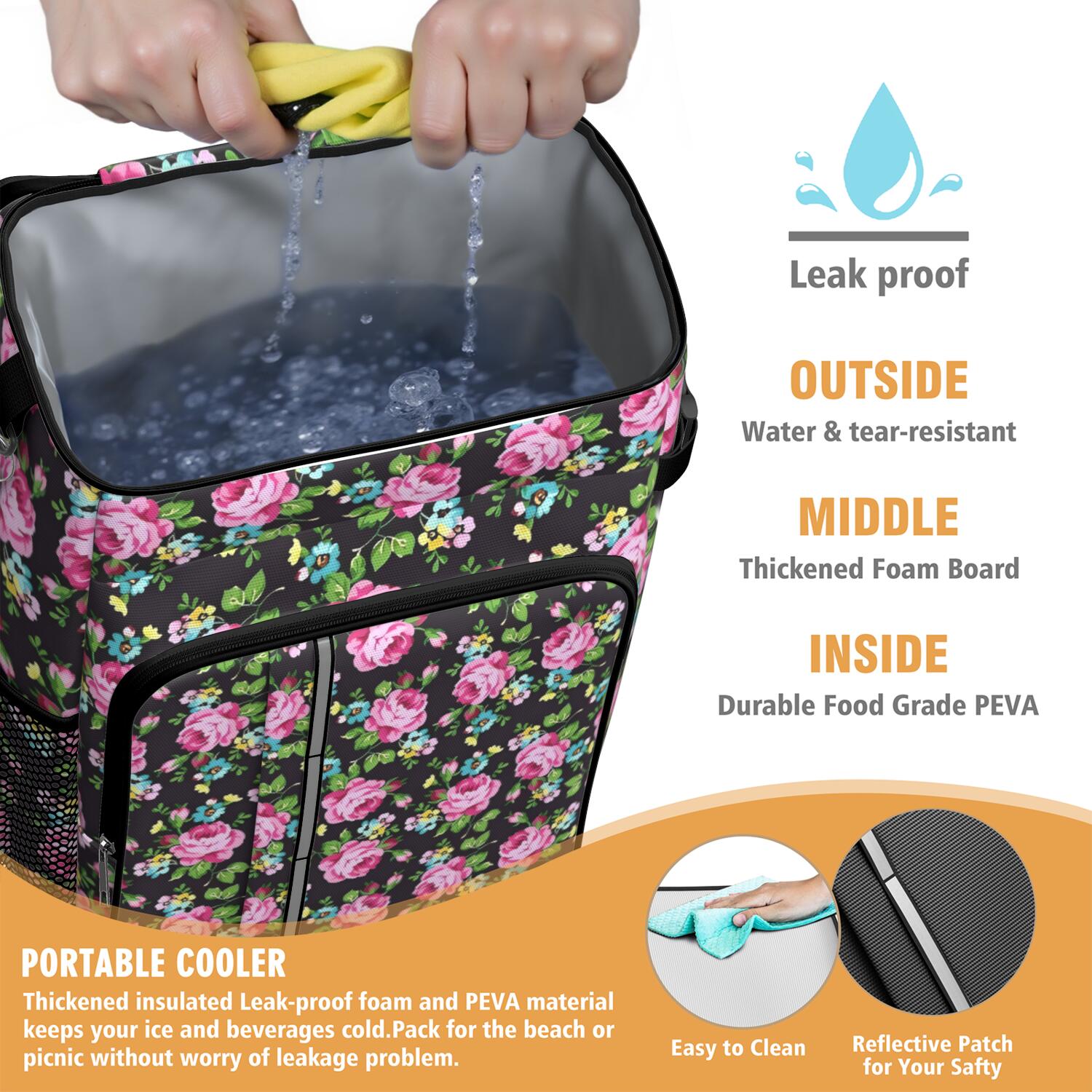 Travel Cooler Bag - Pioneer Flower Floral Print Pattern Camping Beer Cooler Backpack with Bottle Opener- Waterproof Insulated Picnic Backpacks - Cooler Bag for Beach