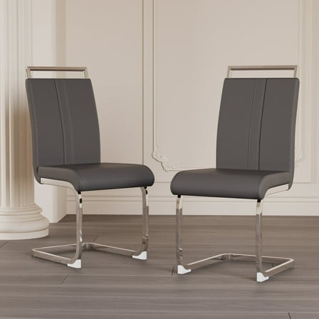 Set of 2 Modern Dining Chairs, Light Grey PU Faux Leather Upholstered Chair with Glossy Chromed Legs for Dining Room & Office