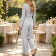 thumbnail image 7 of Women's 2 Piece Lounge Sets Solid Casual Wide Leg Pants Long Sleeve V Neck Top Workout Gym Clothing Comfy, 7 of 7