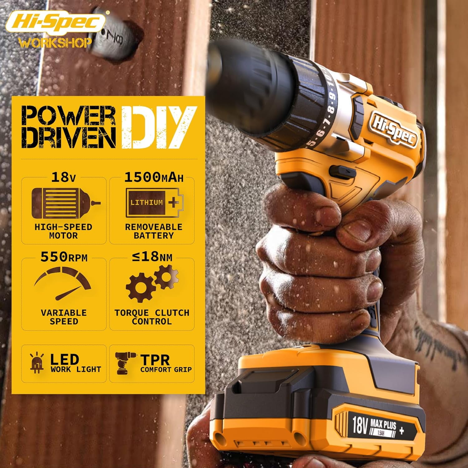 Cordless Power Drill, 18V Electric Drill with Battery And Charger, Includes Driver/Drill Bit Set for Wood, Steel and Concrete. In a Carrying Case for Home Repair, 58-Piece