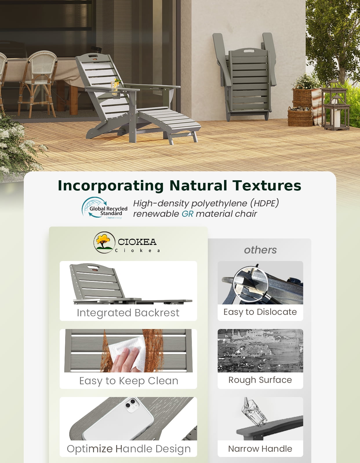 2 Pcs Folding Adirondack Chairs w/ Ottoman, All-Weather HDPE Patio Lounge Chair, Gray
