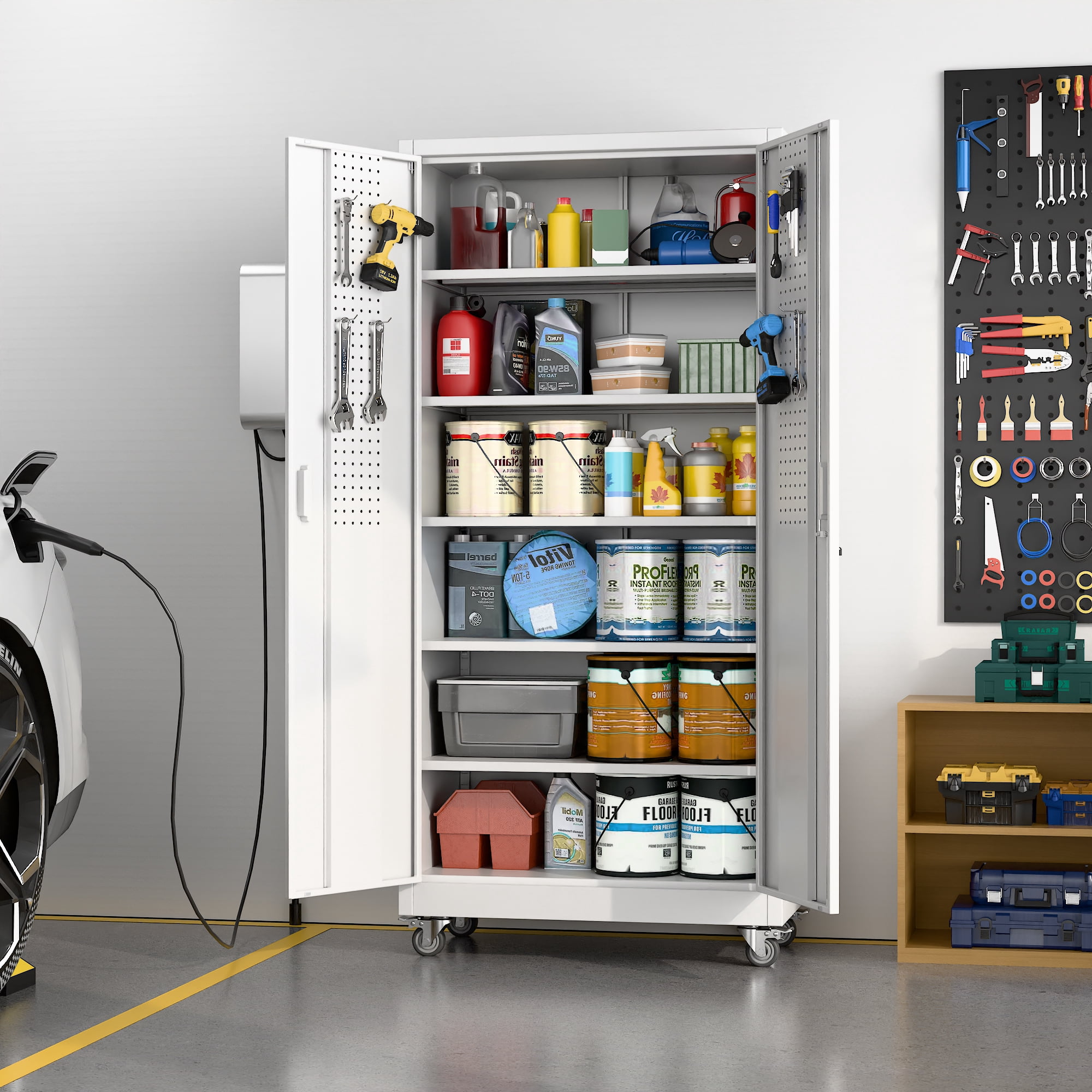 Aobabo Metal Storage Cabinet with Wheels & Pegboards,Office Storage Cabinet with Lock & Shelves,71H''*32''W*16''D Steel Garage Cabinet for Office Home,White Required-Assembly