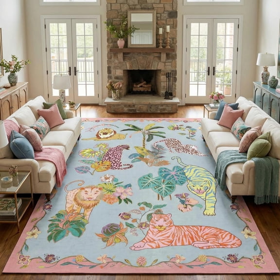 Kokia 8x10 Aesthetic Neutral Animal Print Area Rug with Lion, Tiger and Cheetah, Machine Washable Soft Boho Rug for Girls Bedroom, Living Room, Nursery, Pink and Babyblue