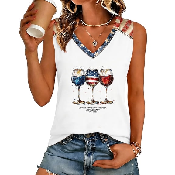 Women's 250th Anniversary Tank Top Sleeveless V Neck 1776-2026 Patriotic Vest Independence Day USA Flag Tee Red S