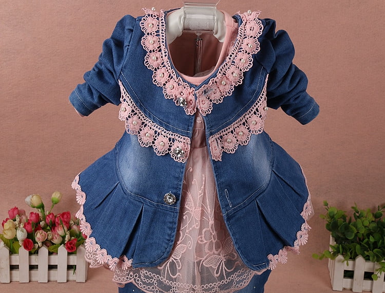 Peaoclate 6M-4Y Spring Autumn Infant Toddler Baby Girl Denim Clothing 3 pcs Sets 3 pcs Casual Outfits Lace Dress Jacket and Jeans,2-3Years,Flower-Pink