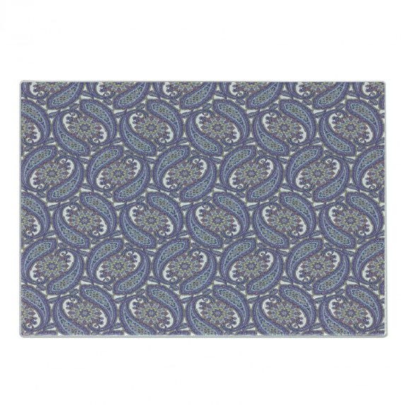 Paisley Cutting Board, Tribal Floral Ornamental Patterned Design with Raindrop Like Shapes Art, Decorative Tempered Glass Cutting and Serving Board, Small Size, Blue and Purple, by Ambesonne