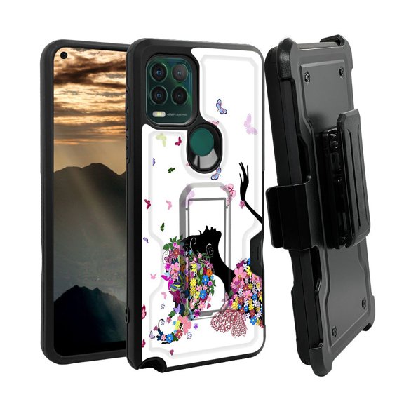 ANJ  Rugged Shockproof Holster Case w/Card Slot, Kickstand   Tempered Glass for Motorola Moto G Stylus 5G - Butterfly Fairy