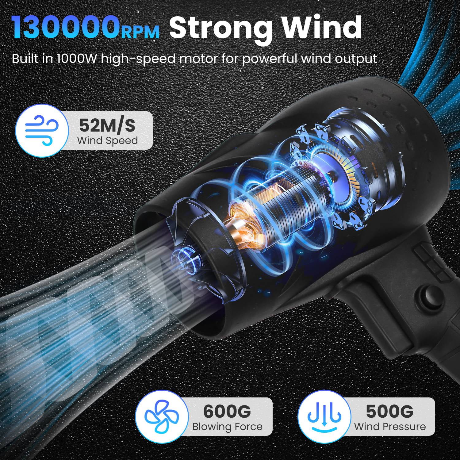 Moclever 130000RPM Mini Cordless Leaf Blower Battery Operated Handheld Blower with 2x3Ah Batteries for Leaf Snow Dust Water Blowing, Black