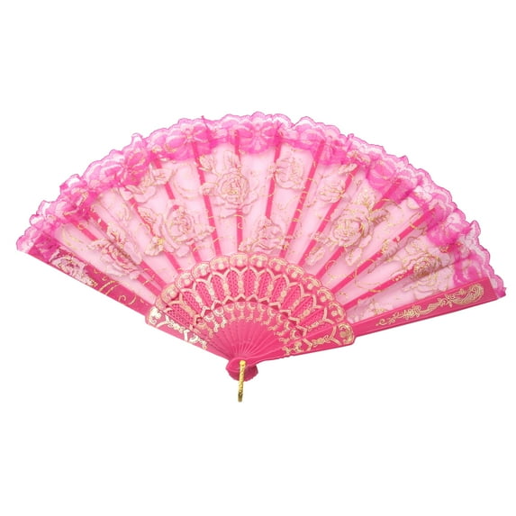 TrendBox Elegant Vintage Retro Flower Rose Lace Handheld Chinese Folding Fan For Dancing Ball Parties Ladies - Hot Pink