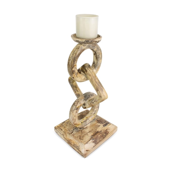 16" Wood Chain Link Candle Holder – Hand Carved Rustic Whitewashed Candle Stand, Decorative Accent