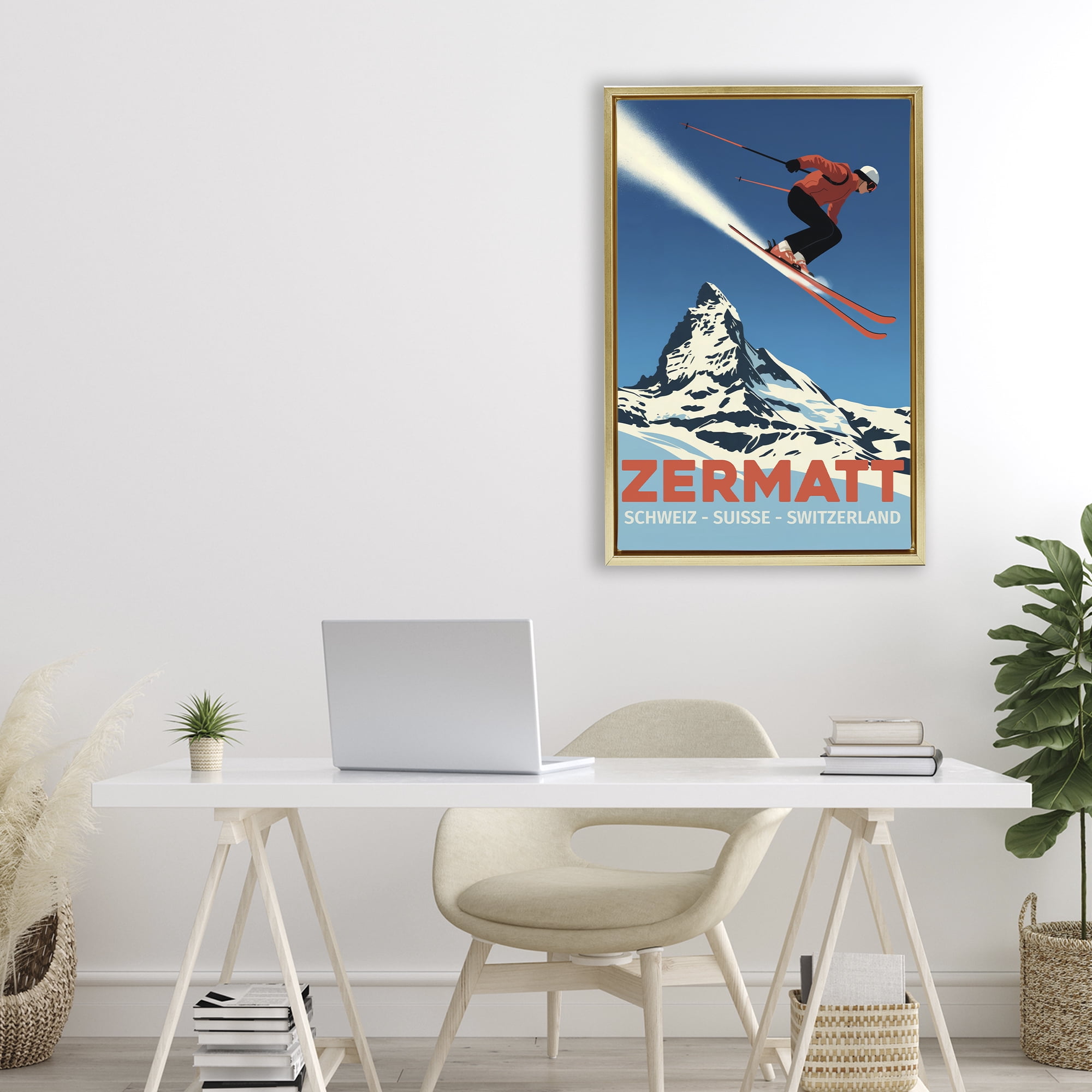 Stupell Industries Zermatt Ski Poster Gold Framed Floater Canvas Wall Art, design by Andreas Magnusson