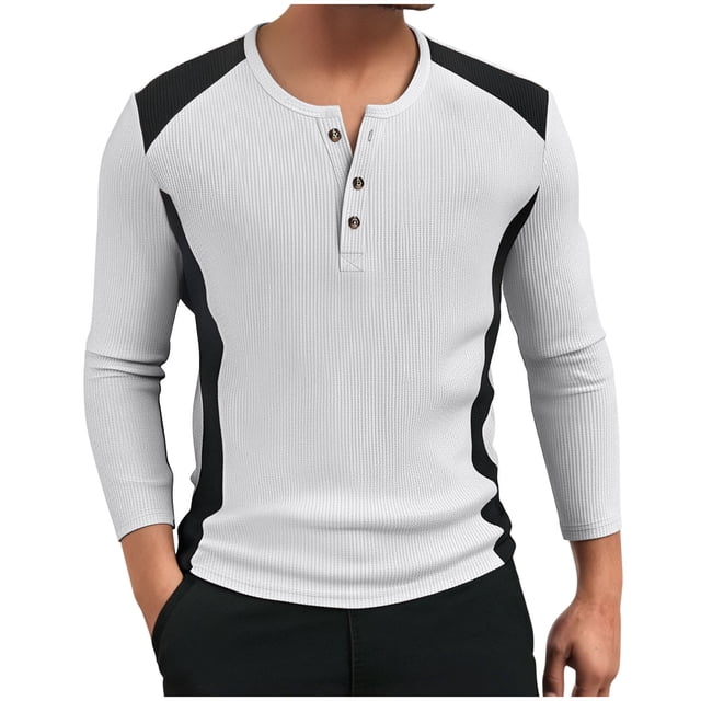 Dagugfen Shirts for Men Long Sleeve Button V Neck Slim Color Block Textured Casual Travel Fishing Shirts