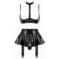 thumbnail image 3 of Conjunto de sujetador de copa abierta para mujer, Top Sexy con liguero, falda acampanada y tangas integradas, conjunto de lencería erótica de charol con aspecto húmedo, 3 of 5