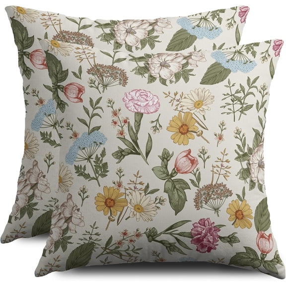 Spring Floral Pillow Covers 20X20 Set of 2, Botanical Print Green Flower Plant Pattern Decorative Throw Pillowcases Outdoor Farmhouse Seasonal Cushion Cases Couch Sofa Bed Decor