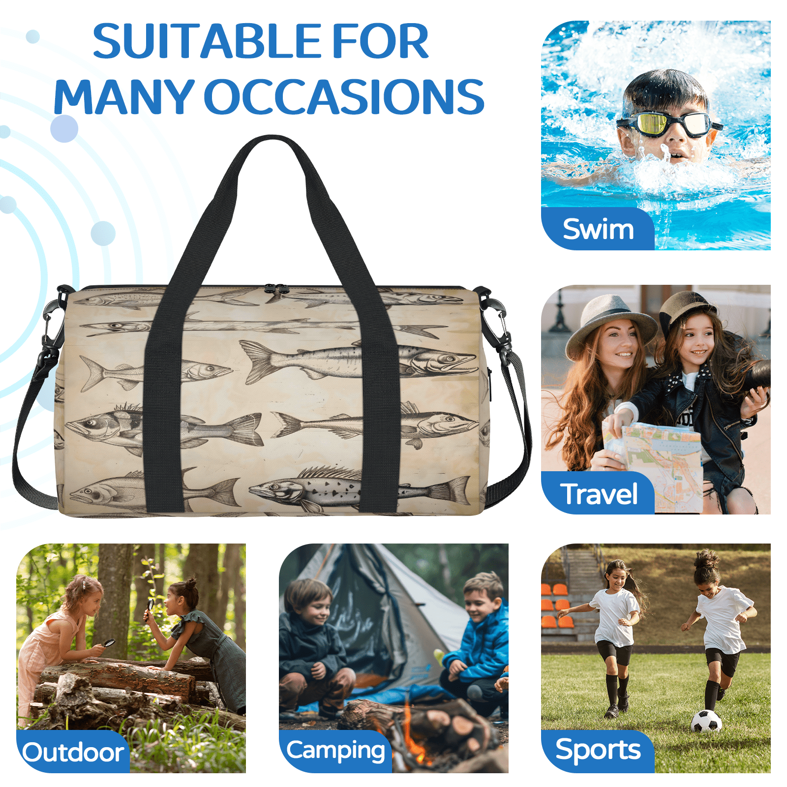Herdesigns Vintage Fish Gym Bag for Women, Duffle Bag for Travel Sport, Lightweight Waterproof Carry on Weekender Overnight Dance Yoga Workout Bags