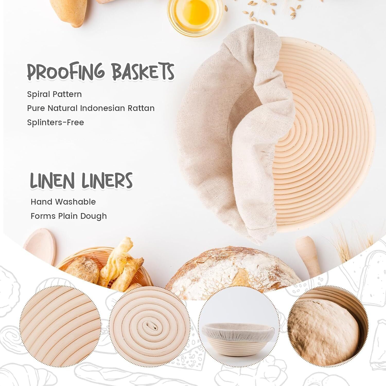 ALLJOY 2pcs Banneton Bread Proofing Basket with 2 Bread Bag，9 Inch Round & 10 Oval Cane Sourdough Bread Proofing Baskets Baking Supplies，Sourdough Starter Kit