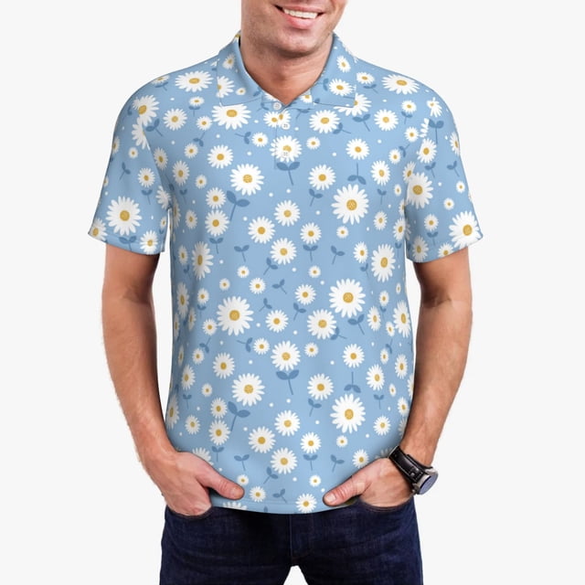 Fotbe Daisies Flowers Camiseta Polo de Golf para Hombre con Estampado – Camisa Deportiva Transpirable con Cuello Abotonado-Medium