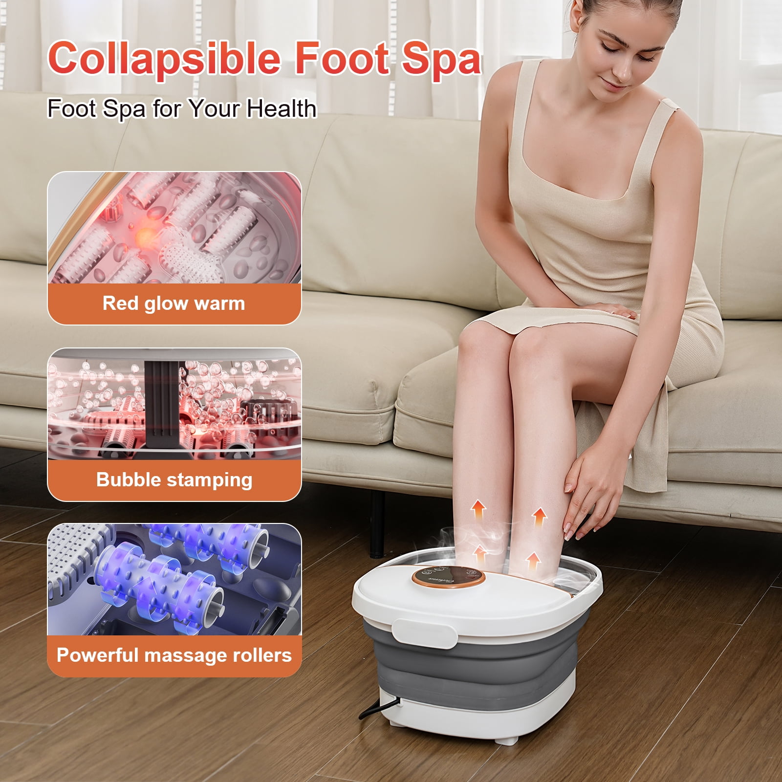 Gehona foot spa bath massager with heat｜6 Rotating Massge Rollers｜Heating & Bubble Function
