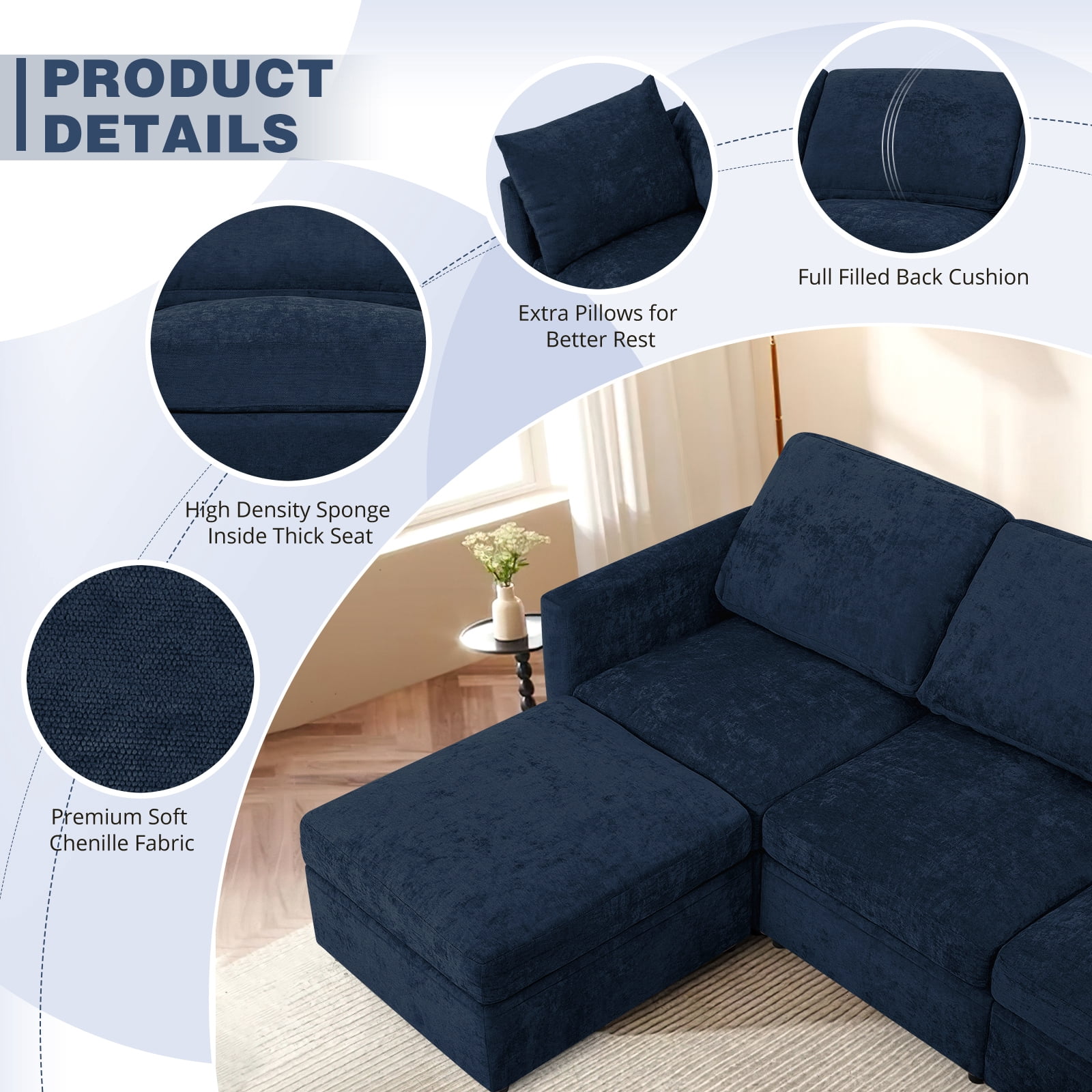 ACMEASE 84” Chenille 3 Seats Sofa W/Movable Ottoman, Modern Fabric L-Shaped Couch with Soft Backrest, Upholstered Sectional Sofa with Armrest Pillows for Living Room, Office, Blue