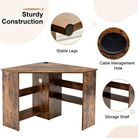 Costway Corner Computer Desk Triangle Writing Workstation w/Storage Shelf Rustic - Rustic Brown