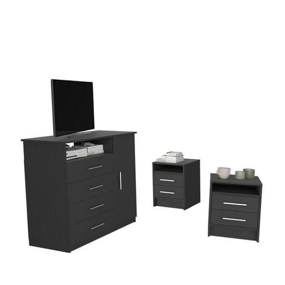 Preter 3 Piece Bedroom Set, Peru Drawer Dresser, 2 Eter Nightstands, Black