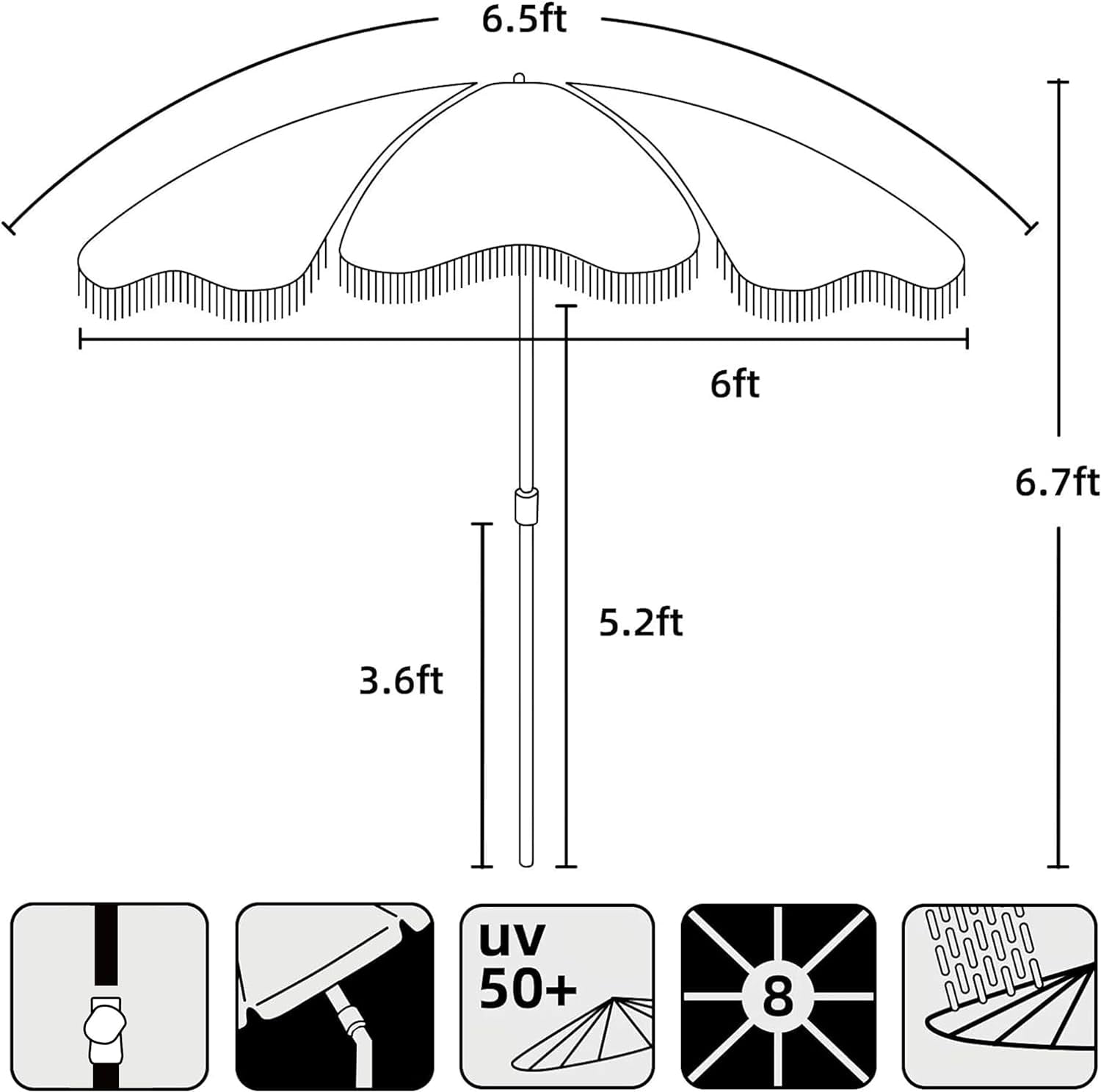 Boho Fringe Umbrella Outdoor Patio, 6.5ft UPF50+ Picnic Umbrella with Tassels with Steel Pole and Push Button Tilt, Pink Stripes