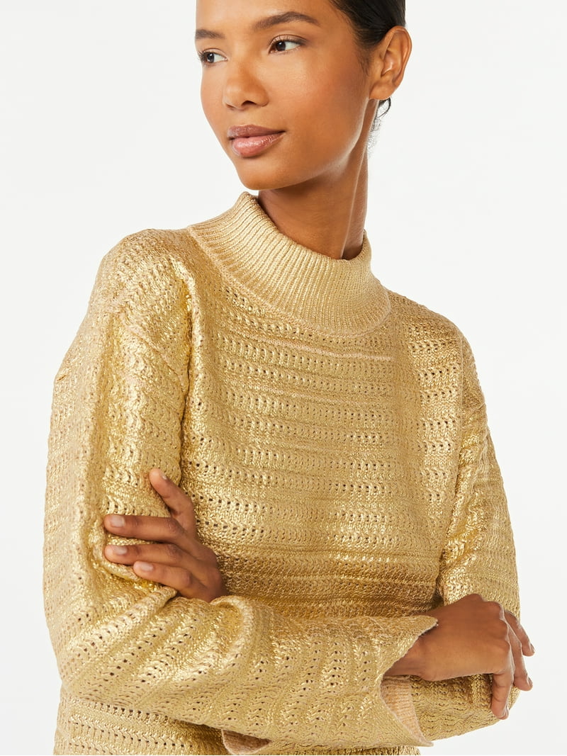 Scoop Women's Shimmering Metallic Turtleneck Sweater, Ribbed Neck - Main Image