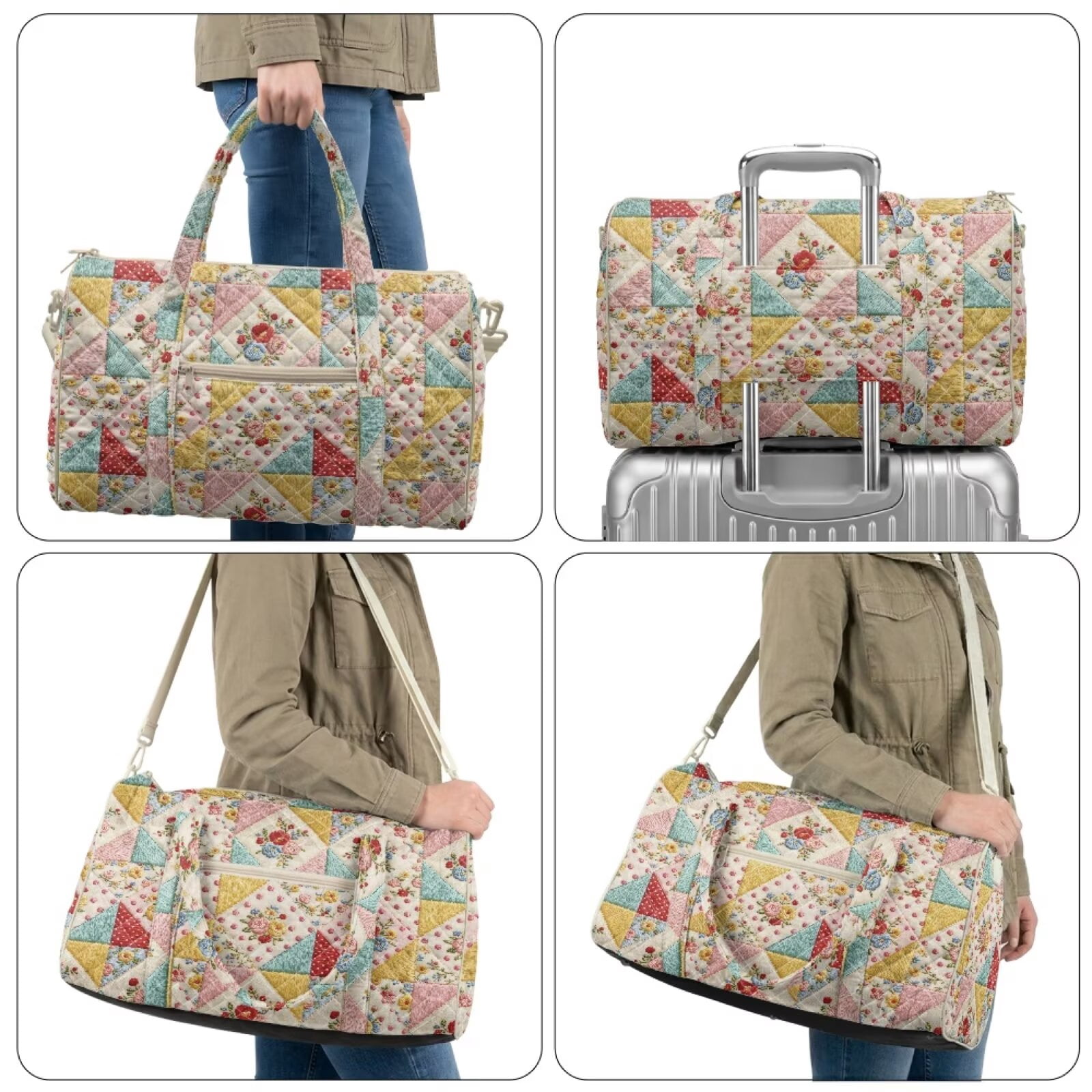 Chririnla Airline Approved Carry On Bag for Women Soft Weekender with Fit Under Seat Design & Smooth Zipper Pocket Travel, Floral Patchwork Print
