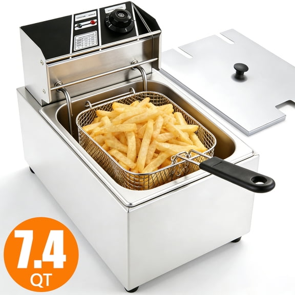 7.4Qt Stainless Steel Electric Deep Fryer 2000W, Adjustable Temperature 140-392°F, Removable Oil Filter Basket, Auto Thermostat, Dishwasher Safe