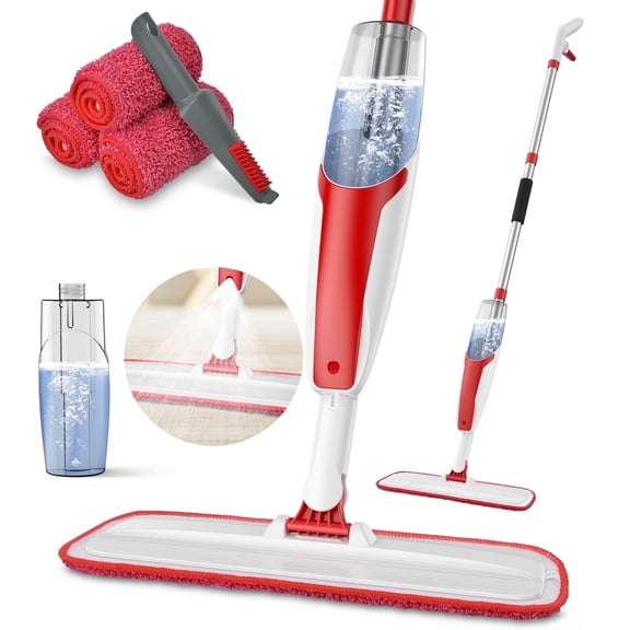 FVSA Spray Mop for Floor Cleaning Wet & Dry, with 14 oz Refillable Bottle and 3 Washable Microfiber Pads, Red