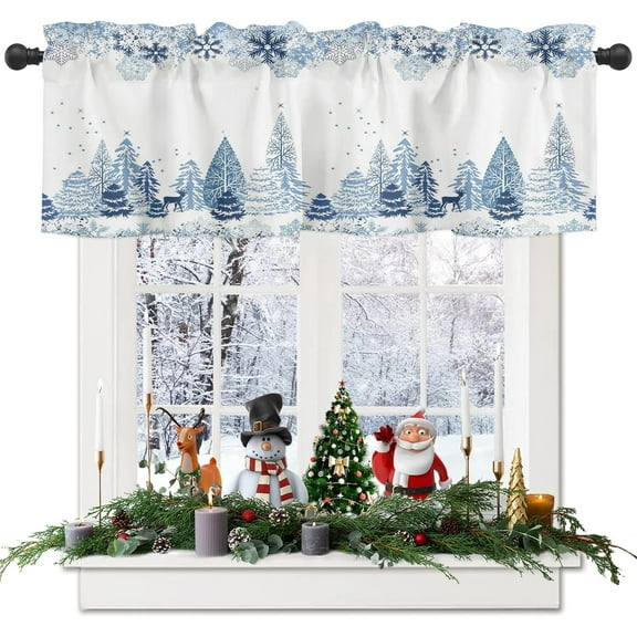 Blue Christmas Valances Windows Curtain Snowflake Winter Xmas Tree Kitchen Valances Rod Pocket Reindeer Elk Forest Short Topper Curtains for Winter Holiday Christmas Decorations 1 Panel,54 by 18 inch