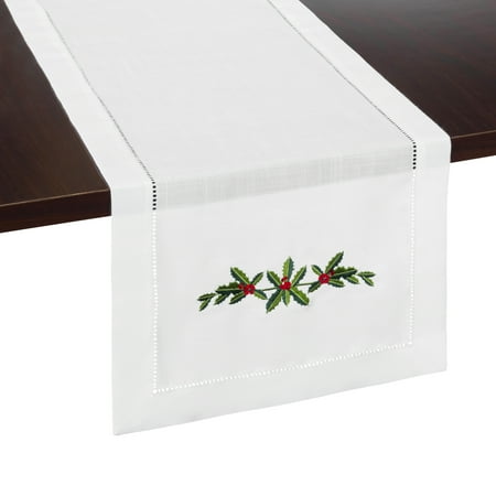 

Christmas Table Runner Holly Garland Embroidery Hemstitch Border White 14 x 108 Polyester Linen