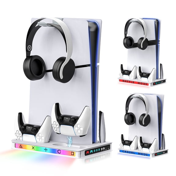 ZYTHRONE PS5/ Slim/Pro Cooling station with Fast Contoller Charger for PlayStation 5 Disc & Digital Console Stand, RGB Light, Quiet Cooling Fan, Headset Holder