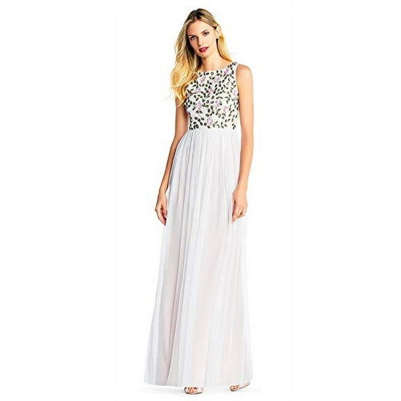 Adrianna Papell Tulle Gown Long Dress w/Romantic Floral Beading, Ivory/Multi, 2P