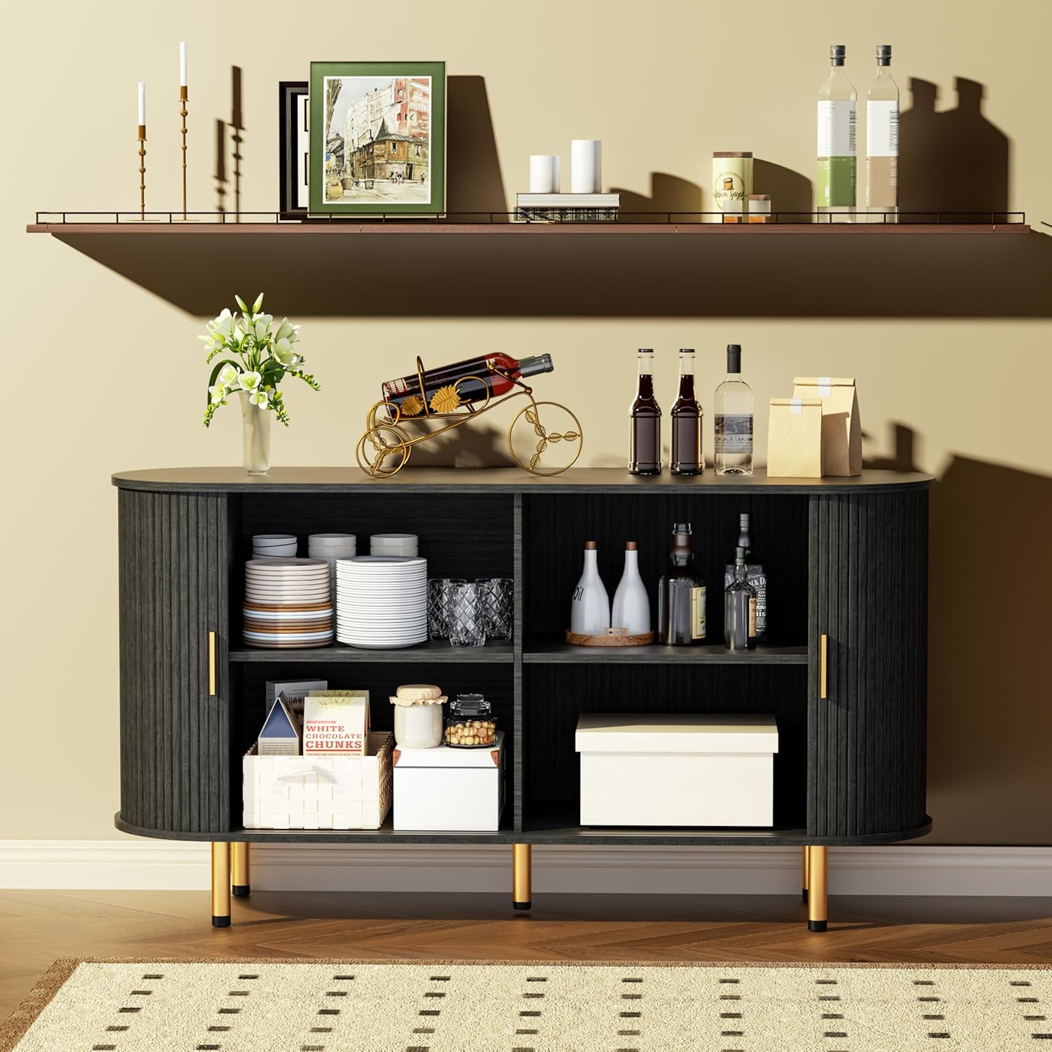 Sideboard Buffet Cabinet with Storage, 55" Mid Century Modern Fluted Accent Coffee Bar Console Table with Tambour Sliding Doors & Adjustable Shelf for Kitchen, Living Room, Entryway (Black)